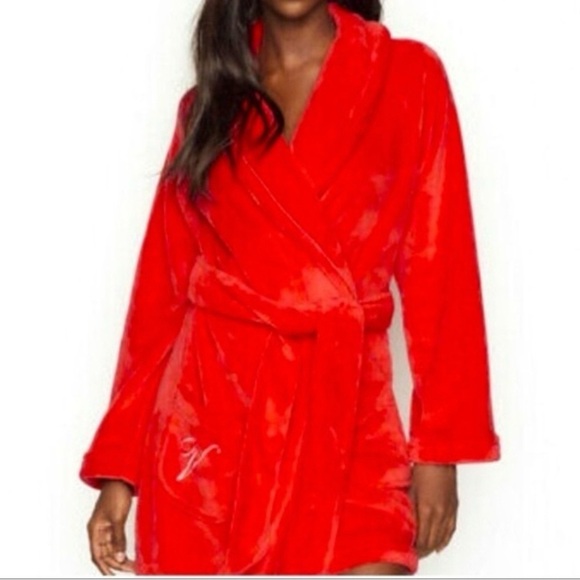 Victoria's Secret Logo Short Fleece Soft Cozy Robe Size XS/S Vibrant Red Robe - Picture 4 of 11